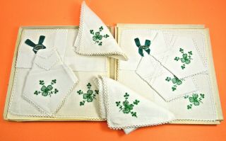 9 Irish Linen Handkerchiefs/embroid.  Shamrock/orig Box/ Label: " St.  Patrick "