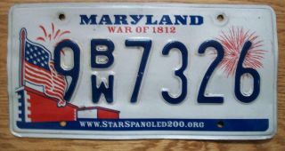 Single Maryland License Plate - 2010 - 9bw7326 - War Of 1812