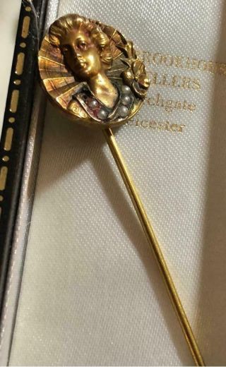 Antique High Relief Seed Pears Gold Raised Lady Cameo Hat Pin Stick Pin 3 - D Cap