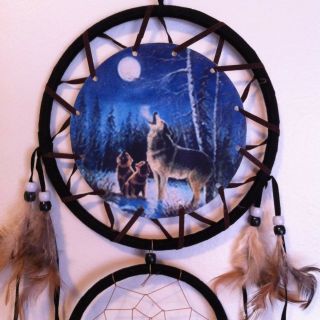 Cherokee 26 - 29 " Turquoise Dream Catcher Wolves Printed On Canvas Feathers Beads