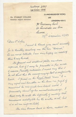 Letter From Stanley Collins To Dr.  Jacob Daley 1953 Signed Als