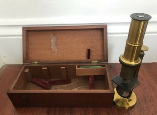 Antique Brass Students Microscope In Mahogany Box 1900