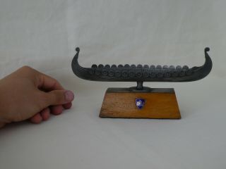Vintage Viking Long Boat Model With Silver Plaque