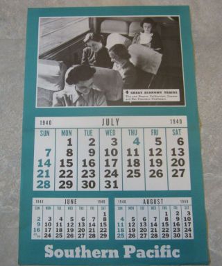 Old Vintage 1940 S.  P.  Railroad - Depot Wall Calendar - 4 Great Economy Trains