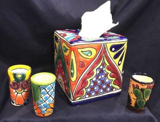 Mexico Ceramic Glazed Tissue Box Cover Hand Painted Folk Art With 3 Shot Glasses