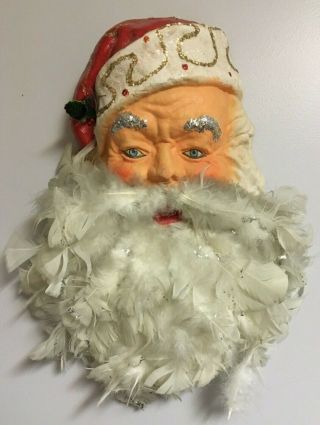 Large Vtg Paper Mache Santa Head W/chicken Feather Beard Wall Hanging Christmas