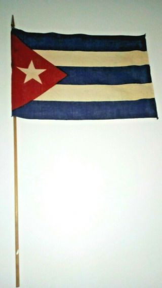 Real Vintage Linen Cuba Flag 17 " X 11 - 1/2 " On 32 " Wooden Staff With Gold Capitol