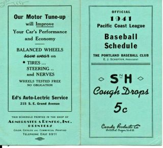Portland Baseball Club 1941 Pacific Coast League Baseball Schedule