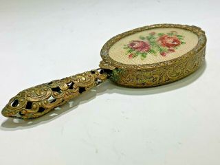 Antique French Filigree & Petit Point Handle Mirror Powder Compact