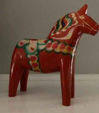 Vintage Swedish Wood Dala Horse Red Hand Painted 6 " Chip On Ear