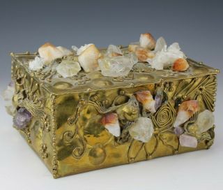 Large Brutalist Brass Amethyst Rock Crystal Jewelry Trinket Storage Box Nr Bvr