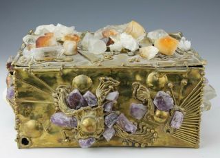 LARGE Brutalist Brass Amethyst Rock Crystal Jewelry Trinket Storage Box NR BVR 3