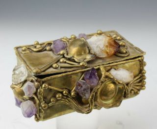 Brutalist Brass Amethyst Rock Crystal Sculptural Jewelry Trinket Storage Box Bvr