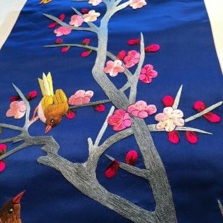 Vintage Chinese Embroidered Blue Silk Tapestry Panel Birds Trees 37 " X 15.  5 " 2