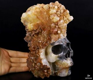Huge 7.  1 " Quartz Rock Crystal With Reds Druse Carved Crystal Skull Sculpture