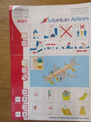 Srilankan Airlines Airbus A321 Airline Safety Card R4015150 A Little Worn