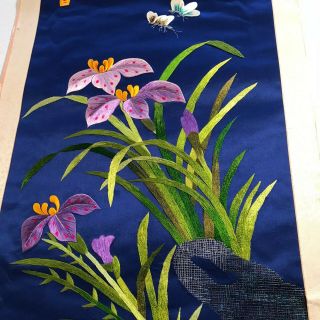 Vintage Chinese Embroidered Blue Silk Tapestry Panel Flower Birds 37 " X 15.  5 " 6