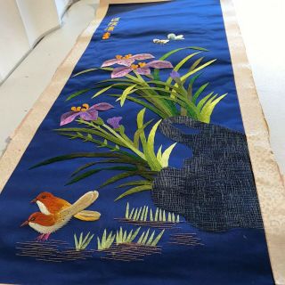 VINTAGE Chinese Embroidered Blue Silk Tapestry Panel Flower Birds 37 