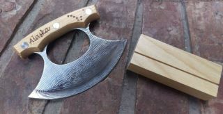 Alaska Ulu Knife With Wood Handle And Display Stand Stainless Steel Damascus