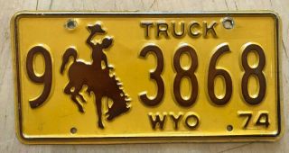 1974 Wyoming Truck License Plate " 9 3868 " Wy 74 Bucking Bronco