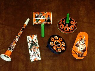 6 Vintage Halloween Tin Party Noisemakers Us Metal Toy Witch Jol Black Cat Owl