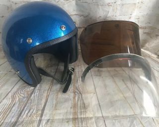Vintage Grant Gp - 2 Blue Metal Flake Motorcycle Scooter Helmet W/2 Shields