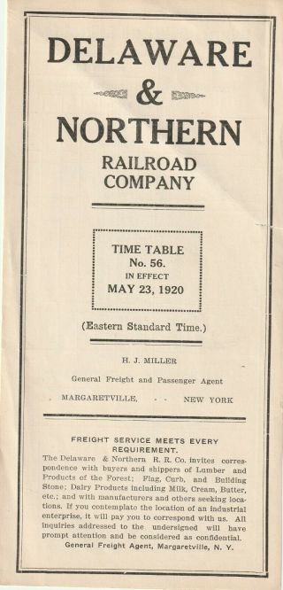 Delaware & Northern Railroad Railway Timetable No 56 May 23rd 1920
