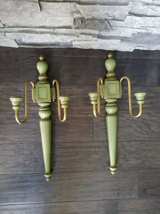2 Vtg Tell City Chair Large Antique Green Wood Brass Wall Sconces Mcm Rare