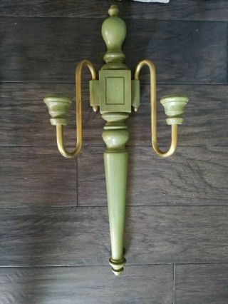 2 VTG TELL CITY CHAIR LARGE ANTIQUE GREEN WOOD BRASS WALL SCONCES MCM RARE 3