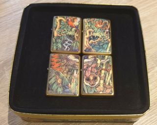 1995 Zippo Collectables.  Mysteries Of The Forest.  4 Lighters With Tin.  Rare.