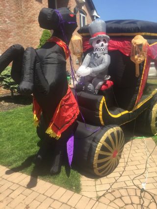 GEMMY Halloween Inflatable Grim Reaper Horse Pulling Carriage Hearse coffin 12ft 2
