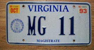 Single Virginia License Plate - 1993 - Mg 11 - Magistrate - Vma