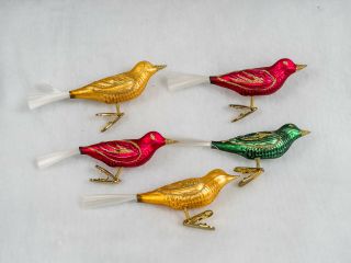 5 Vtg Clip On Birds Spun Tail Feather Green Red Gold Glass Christmas Ornaments