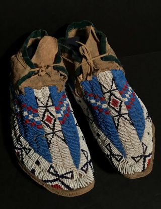 LATE 19TH C SIOUX PLAINS BEADED & SINEW SEWN MOCCASINS,  NR 2