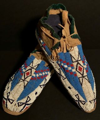 LATE 19TH C SIOUX PLAINS BEADED & SINEW SEWN MOCCASINS,  NR 4