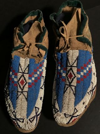 LATE 19TH C SIOUX PLAINS BEADED & SINEW SEWN MOCCASINS,  NR 8