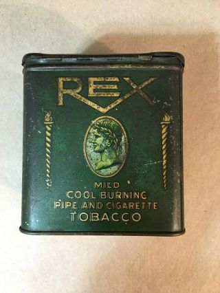 Rare Vintage Rex Pipe & Cigarette Tobacco Tin,  4 - 1/2 " H,  4 - 1/4 " W,  3 " Depth