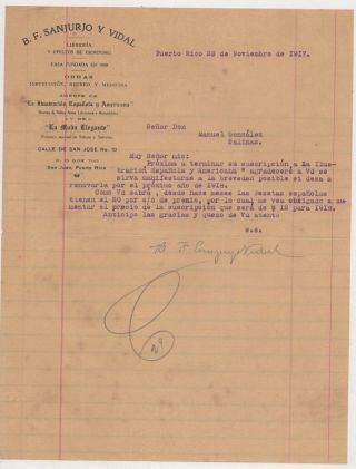 Antique Commercial Letter / B.  F.  Sanjurjo Y Vidal / San Juan Puerto Rico 1917