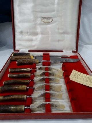 Lewis Rose Vintage Stag Horn Handle Forks,  Carving Knife,  Fork & Sharpener Set