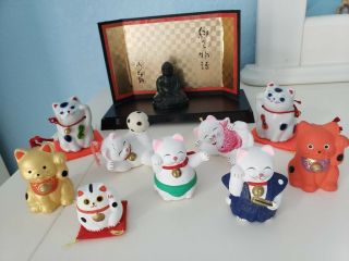 Set Of 9 Japanese Maneki Neko Or Lucky Waving Cat,  Buddha Figurine,  Stand