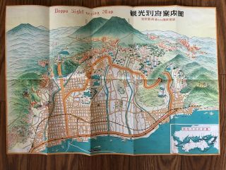 Vintage Beppu Japan Colorful Sight Seeing Map In Envelope Slip