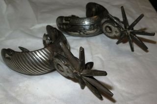 Old Mexican Iron And Silver Inlay Spurs - Cowboy Or Mexican Riding Pair -