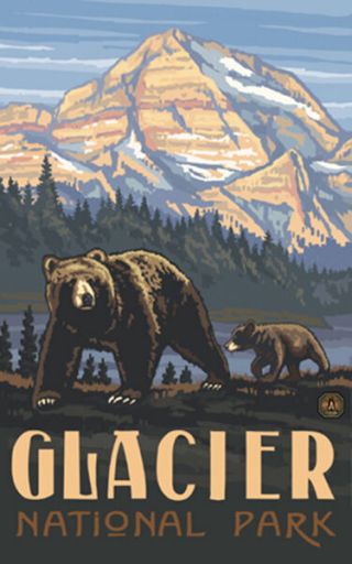 Retro Poster - Glacier Np - 2 Bears,  Glacier National Park (pal - 0411)
