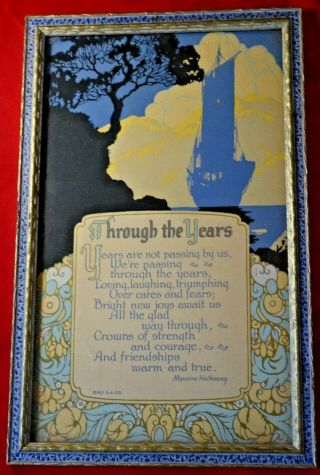 1927 Gold & Cobalt Gibson Maurine Hathaway Art Deco Framed Friendship Poem