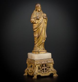 Sacred Heart Of Jesus Statuette | Christ Figurine | Antique Gilt Bronze Figure