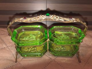 Antique Czech Salt Cellar Dip Green Glass Dish Set W Jeweled Caddy Circa 1920