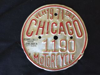 Vintage 1971 Chicago Motorcycle License Plate Medallion Classic Bike Illinois Il