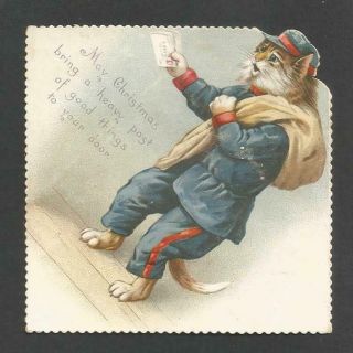G55 - Anthropomorphic Cat Postman - Diecut Victorian Xmas Card