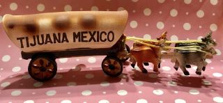 Vintage Tijuana Mexico Souvenir Wooden Covered Wagon Made In Japan