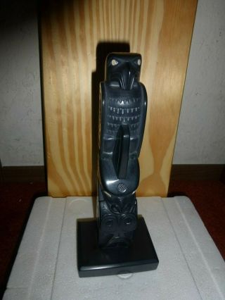 Argillite Haida Gwaii " Eagle - Killer Whale " Totem Pole Sculpture -